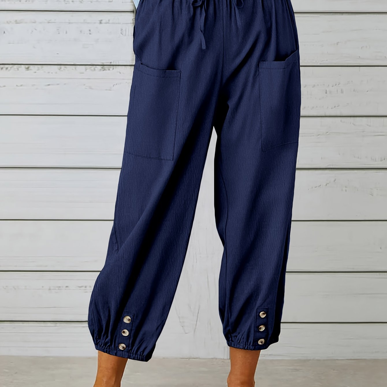 Button Cuff Patch Pocket Drawstring Capri Linen Pant