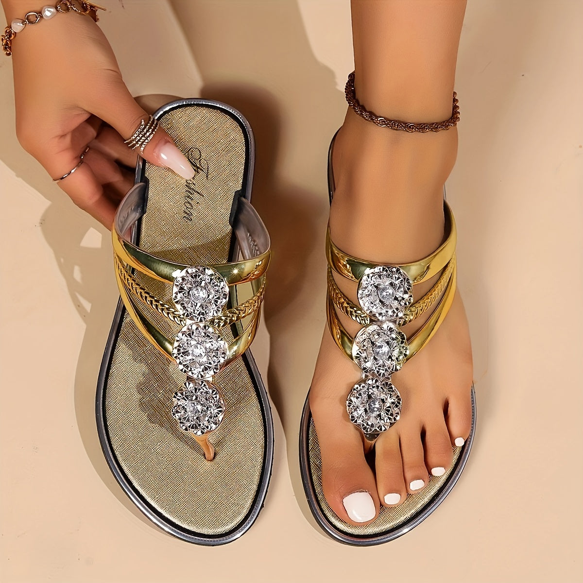 Rhinestone Cluster Metallic Thong Flat Sandals