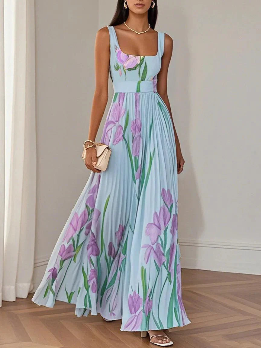 Floral Pleated Square Neck Sleeveless Maxi Dress - Wedding Guest