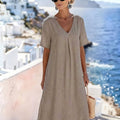 V Neck Pleat Detail Short Sleeve Relaxed Casual Linen Maxi Summer Dress