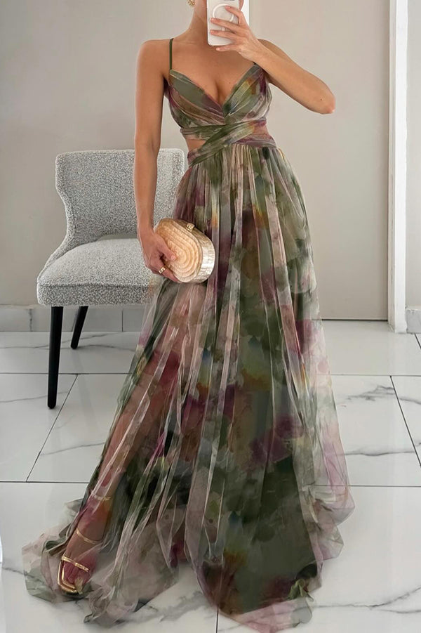 Floral Tulle Strappy Maxi Dress - Formal Evening Gown