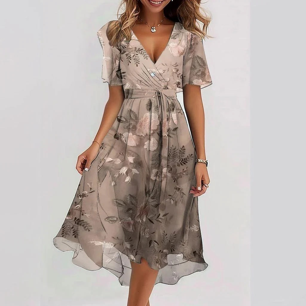 Floral Abstract V Neck Flutter Sleeve Midi Dress