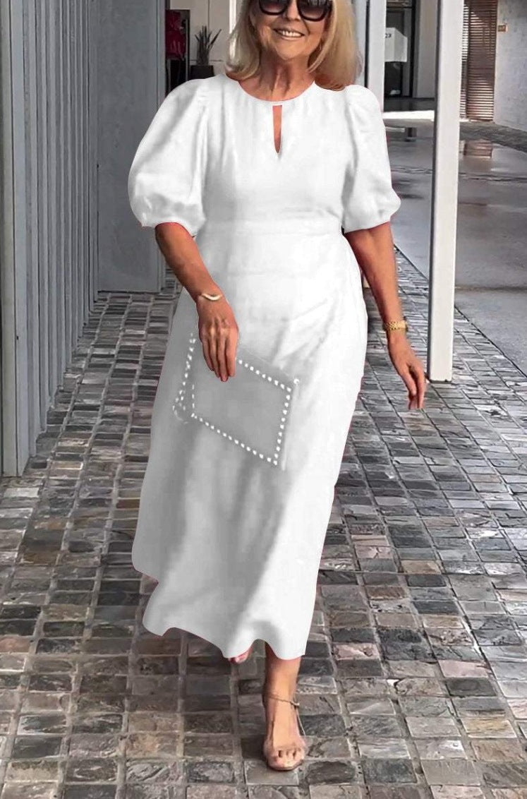Puff Sleeve Keyhole A Line Midi Dress - Wedding Guest