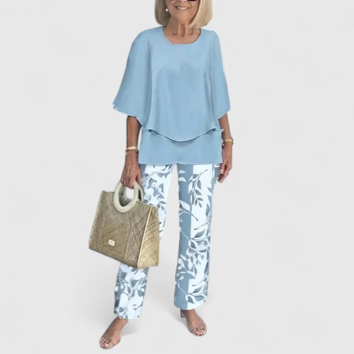 Floral Print Wide Leg Trouser Layered Chiffon Top Two Piece Set