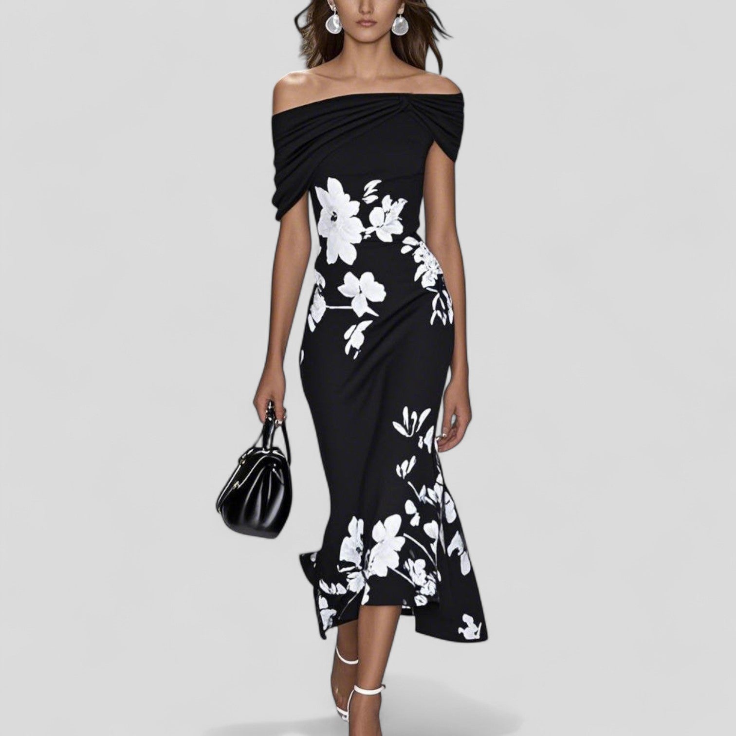 Floral Off Shoulder Twist Ruched Bodycon Midi Dress - Wedding Guest