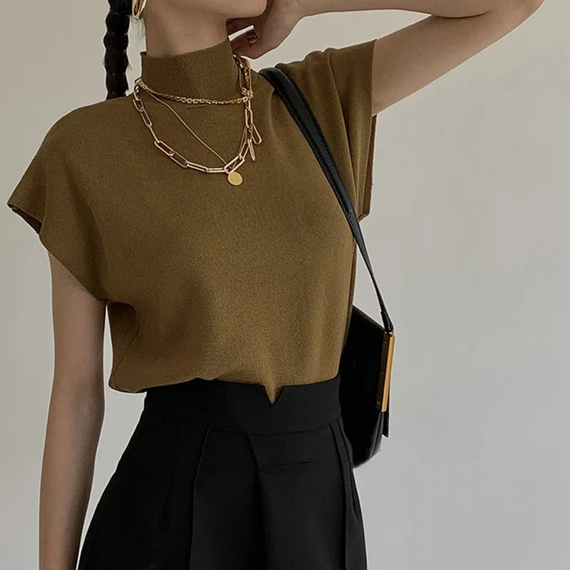 Mock Neck Sleeveless Shoulder Pad Casual Knit Top