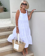 Linen Square Neck Sleeveless Tiered Flowy Casual Maxi Dress