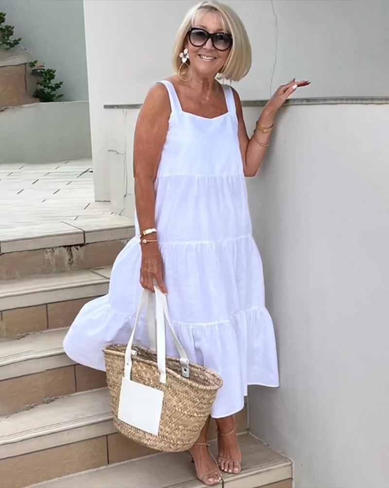 Linen Square Neck Sleeveless Tiered Flowy Casual Maxi Dress