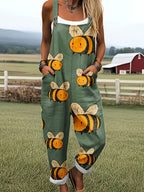 Oversized Bee Print Adjustable Strap Roll Cuff Casual Jumpsuit