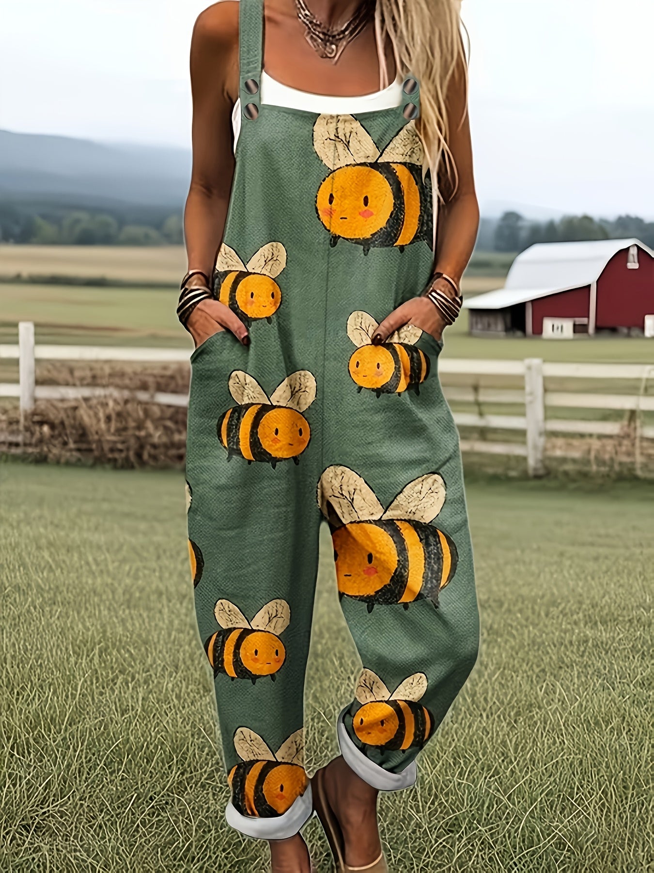 Oversized Bee Print Adjustable Strap Roll Cuff Casual Jumpsuit