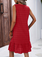 Textured Stripe Crew Neck Ruffle Hem Sleeveless Casual Sundress
