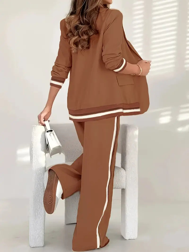 Stripe Trim Single Button Blazer and Wide Leg Pant Set
