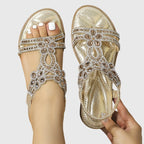 Rhinestone Embellished Cut Out Velcro Flat Sandal