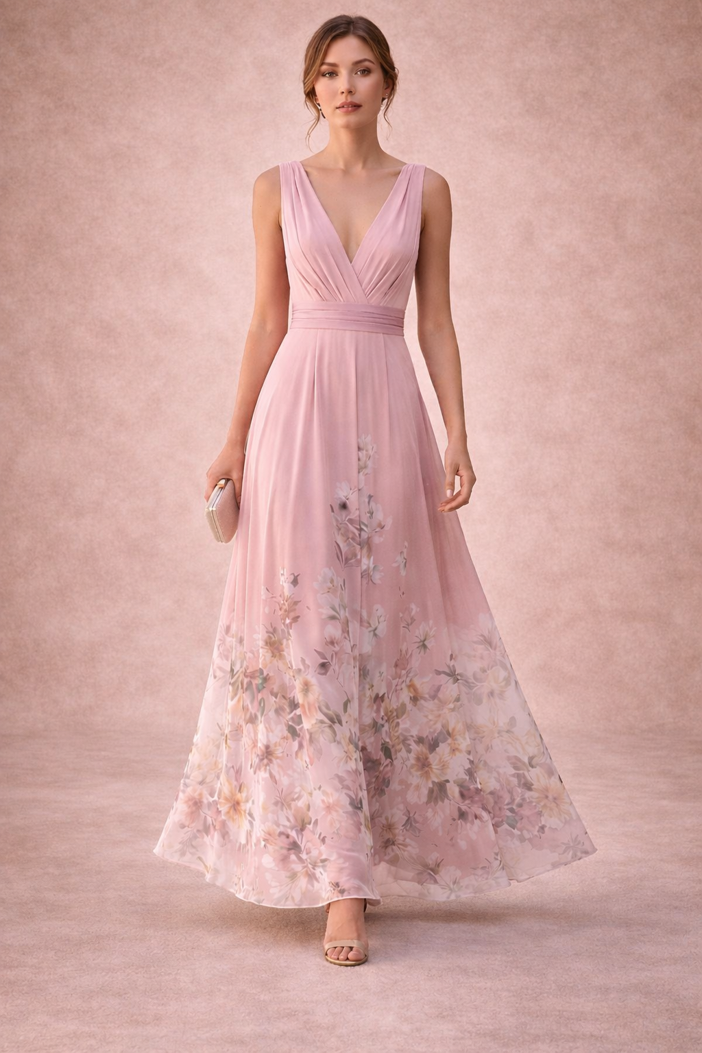 Floral Border Print Ruched V-Neck Chiffon Maxi Dress - Wedding Guest