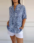 Floral Print V-Neck Half Sleeve Casual Blouse