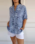 Floral Print V-Neck Half Sleeve Casual Blouse