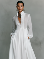 Stand Collar Button Down Pintuck Bodice Flowy Linen Maxi Dress