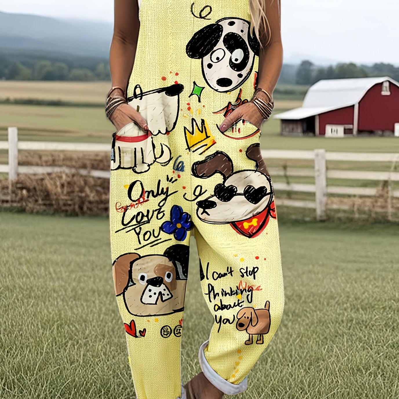 Cartoon Dog Graphic Print Adjustable Strap Pocket Casual Jumpsuit