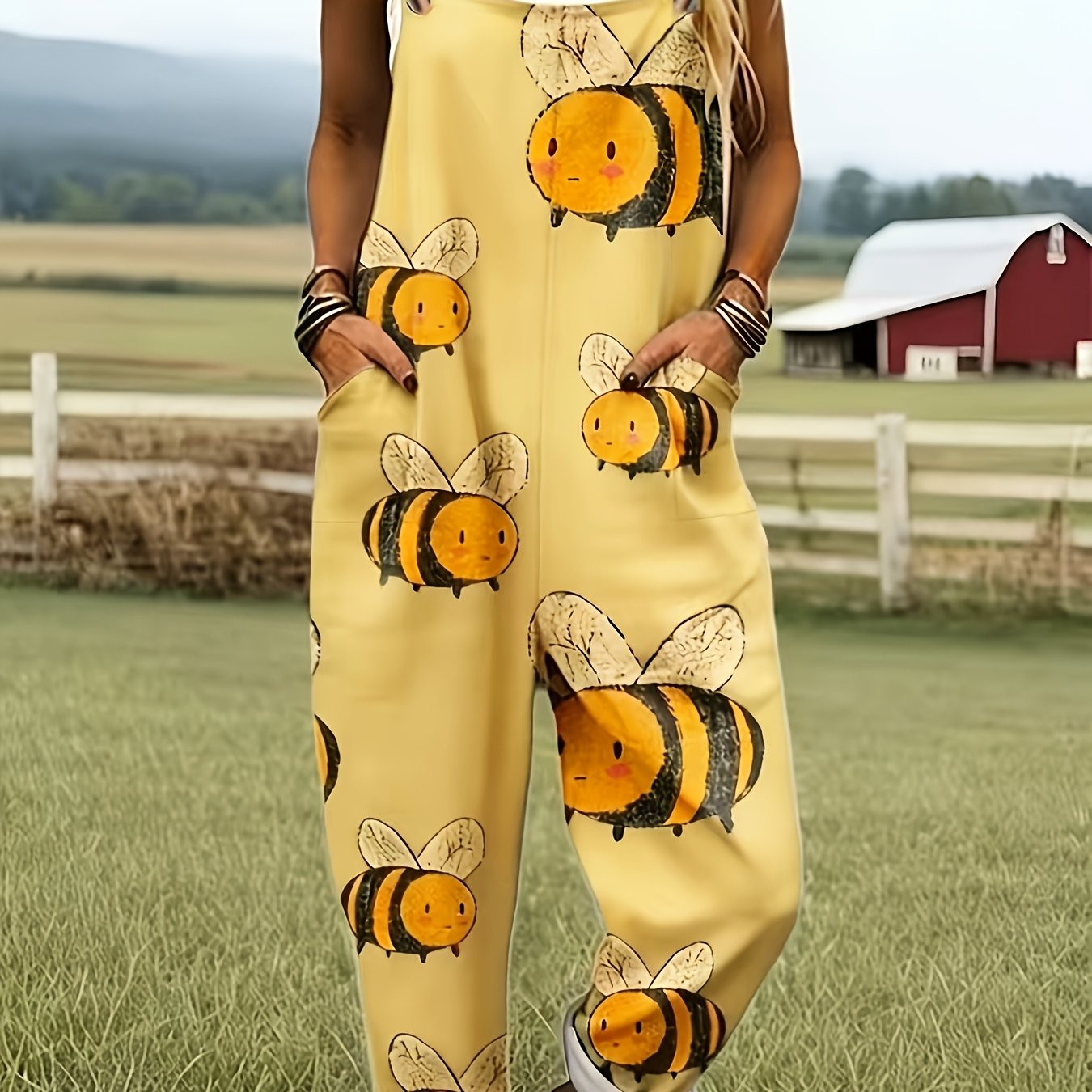 Oversized Bee Print Adjustable Strap Roll Cuff Casual Jumpsuit
