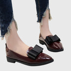 Patent Leather Contrast Bow Detail Pointed Toe Slip On Loafer