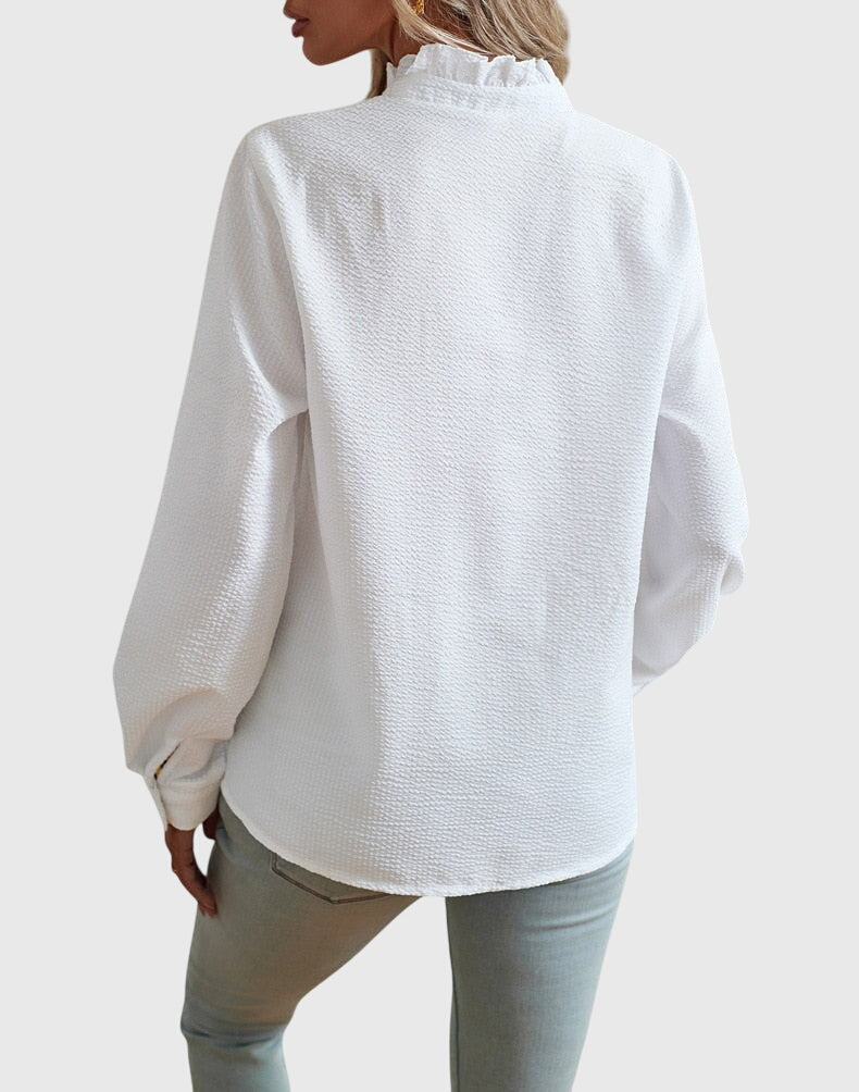Ruffle Trim Button Down Long Sleeve Textured Blouse