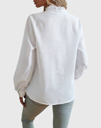 Ruffle Trim Button Down Long Sleeve Textured Blouse