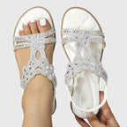 Rhinestone Embellished Cut Out Velcro Flat Sandal