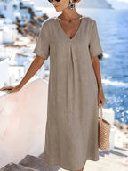 V Neck Pleat Detail Short Sleeve Relaxed Casual Linen Maxi Summer Dress