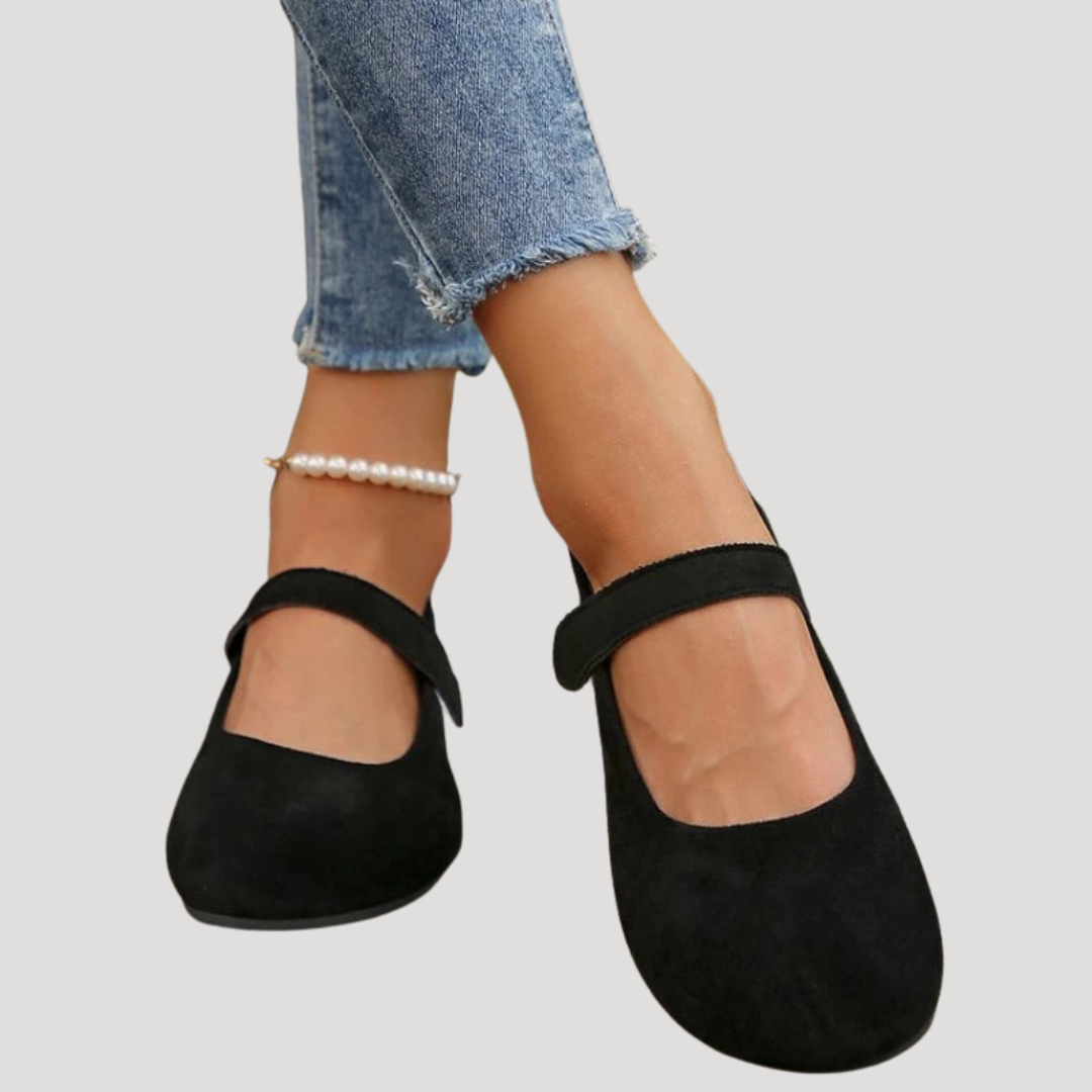 Suede Round Toe Velcro Strap Cushioned Mary Jane Flat