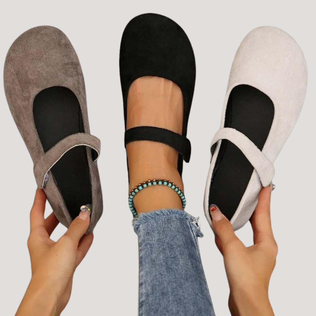 Suede Round Toe Velcro Strap Cushioned Mary Jane Flat