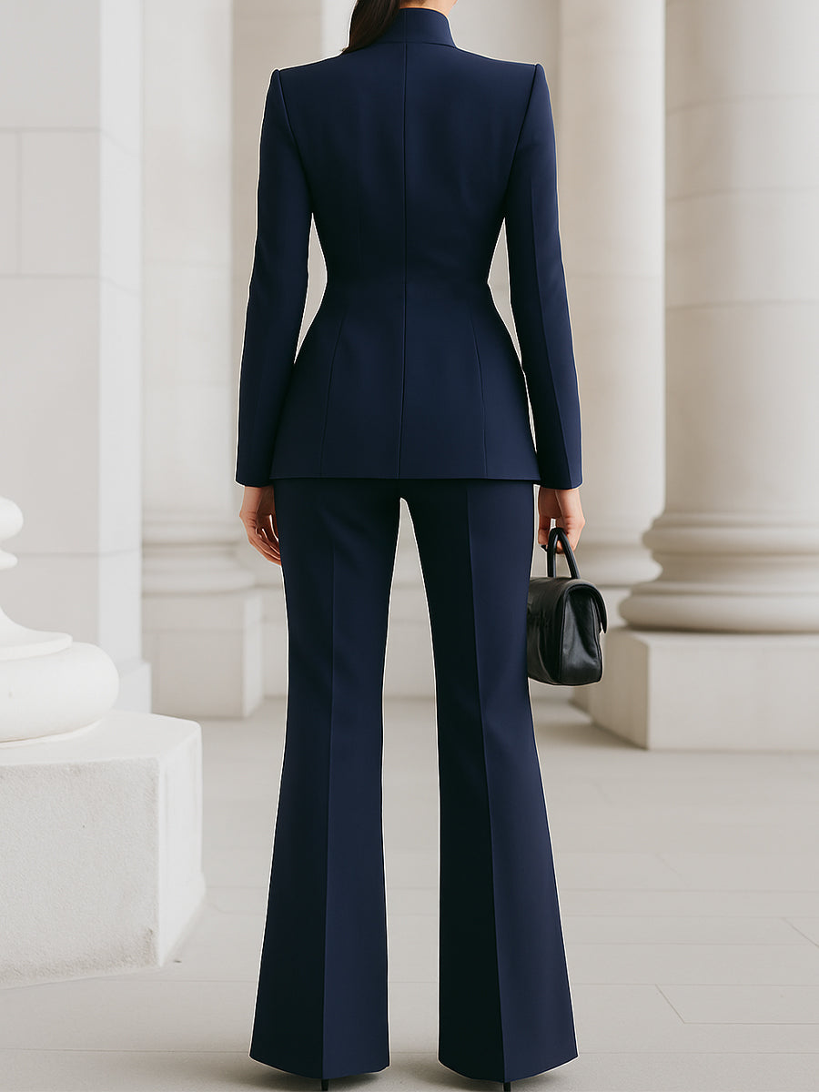 Stand Collar Gem Button Fitted Blazer and Flare Pant Tailored Set