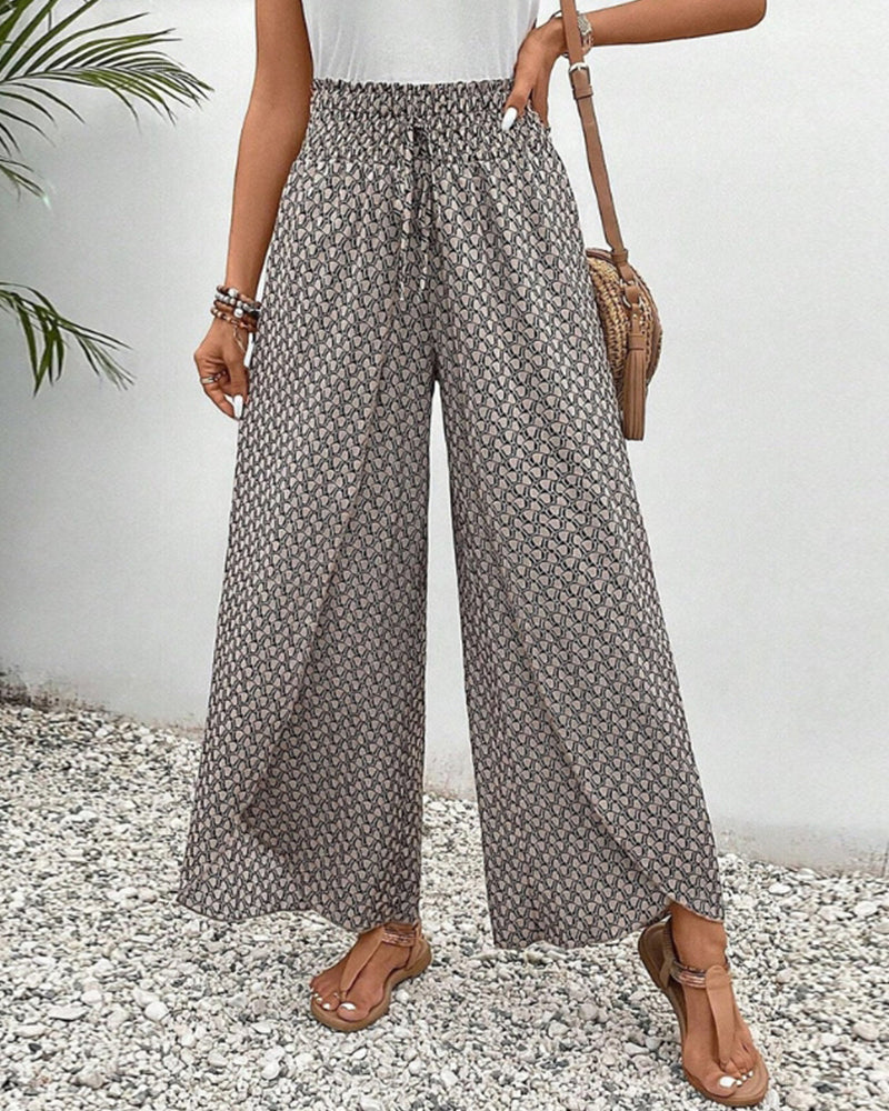 Geometric Print Smocked Waist Drawstring Wide Leg Pant