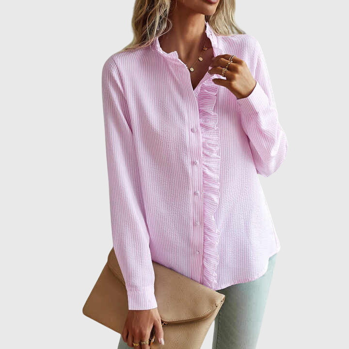 Ruffle Trim Button Down Long Sleeve Textured Blouse