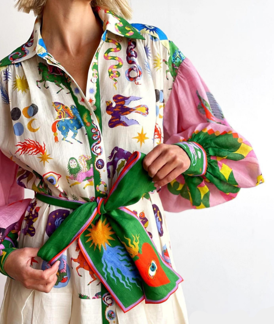 Graphic Print Balloon Sleeve Belted Shirt Maxi Dress