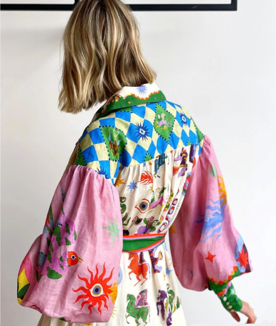Graphic Print Balloon Sleeve Belted Shirt Maxi Dress