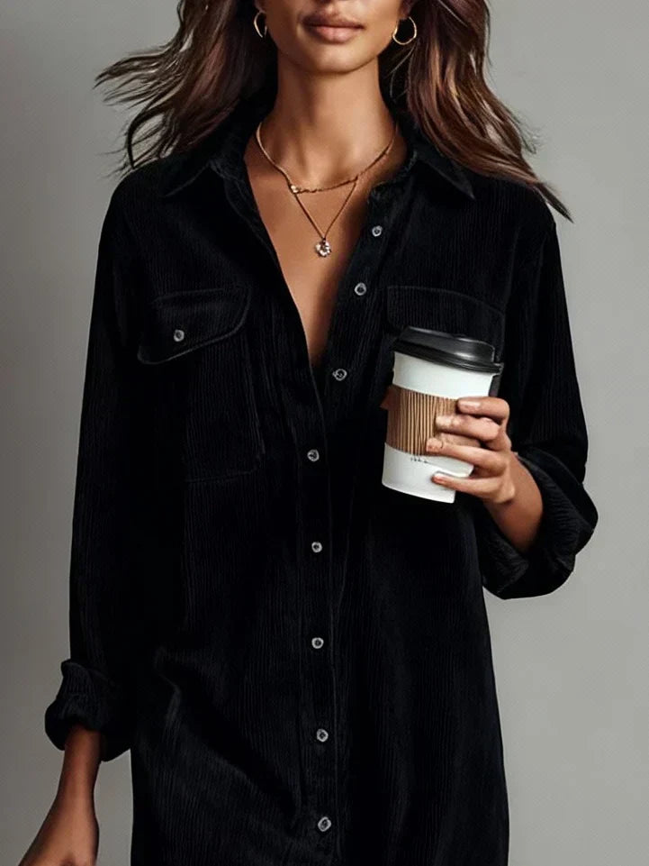 Corduroy Dual Pocket Button Down Long Sleeve Shirt Dress