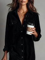 Corduroy Dual Pocket Button Down Long Sleeve Shirt Dress