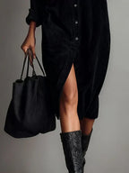 Corduroy Dual Pocket Button Down Long Sleeve Shirt Dress