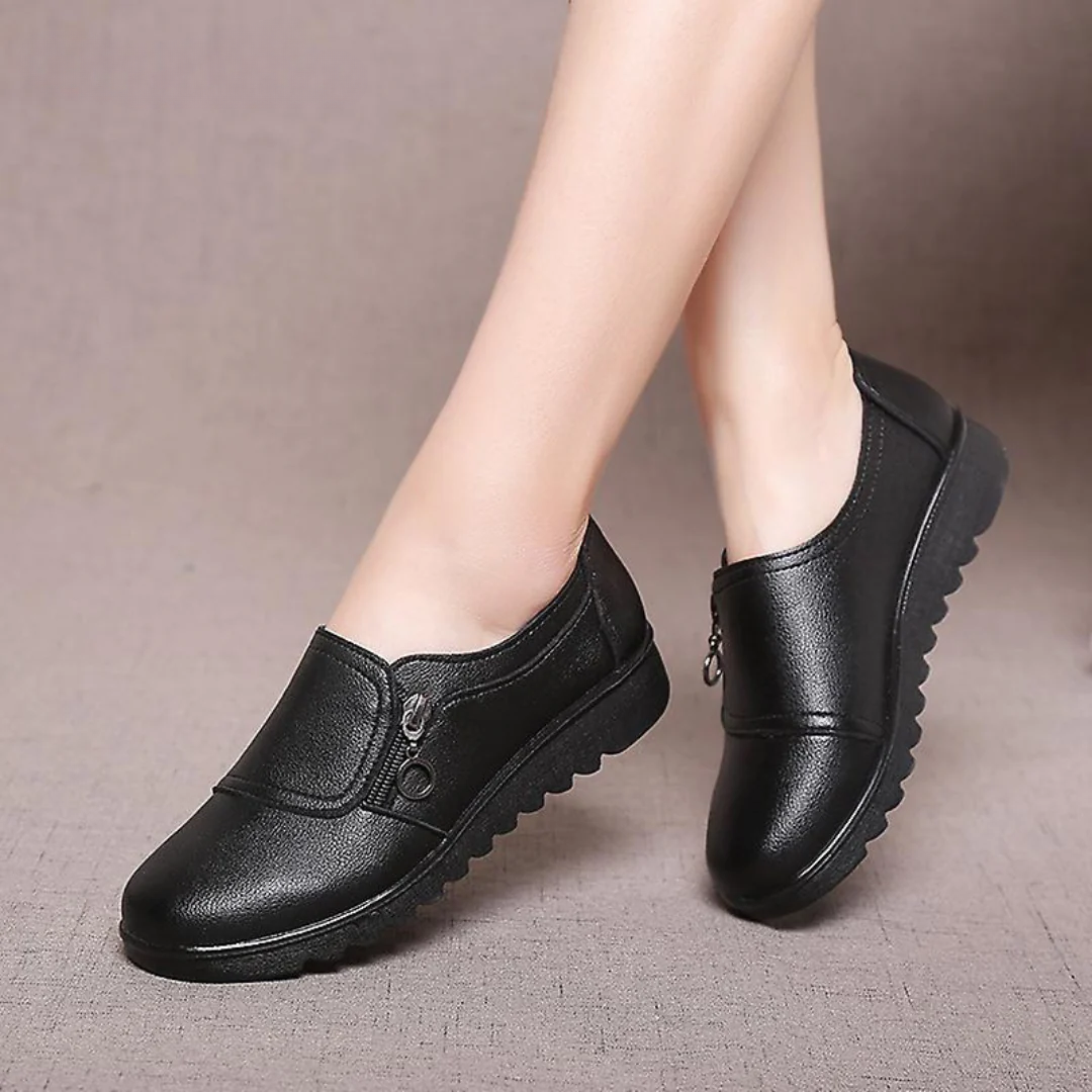 Zip Side Leather Slip On Casual Flat Loafer