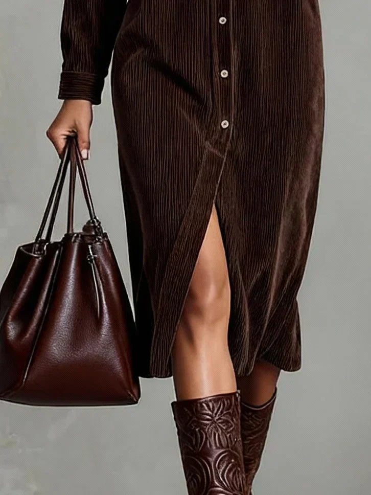 Corduroy Dual Pocket Button Down Long Sleeve Shirt Dress