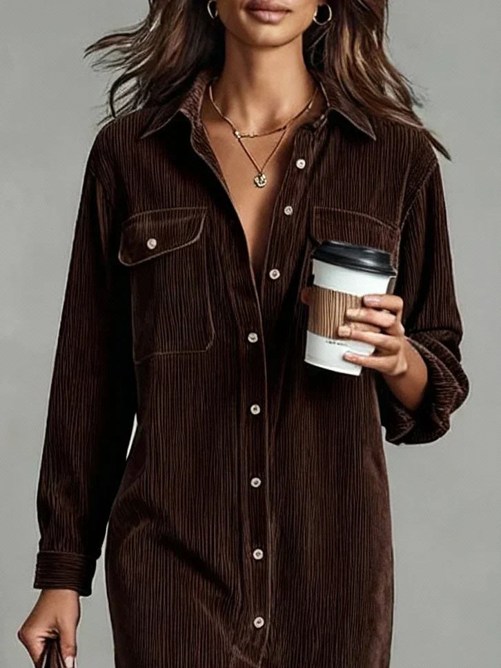 Corduroy Dual Pocket Button Down Long Sleeve Shirt Dress