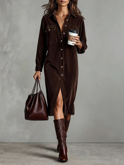 Corduroy Dual Pocket Button Down Long Sleeve Shirt Dress