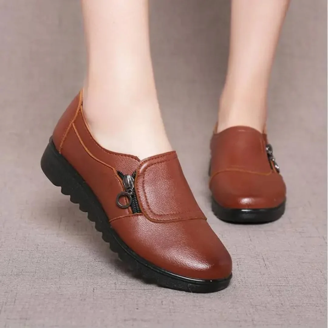 Zip Side Leather Slip On Casual Flat Loafer