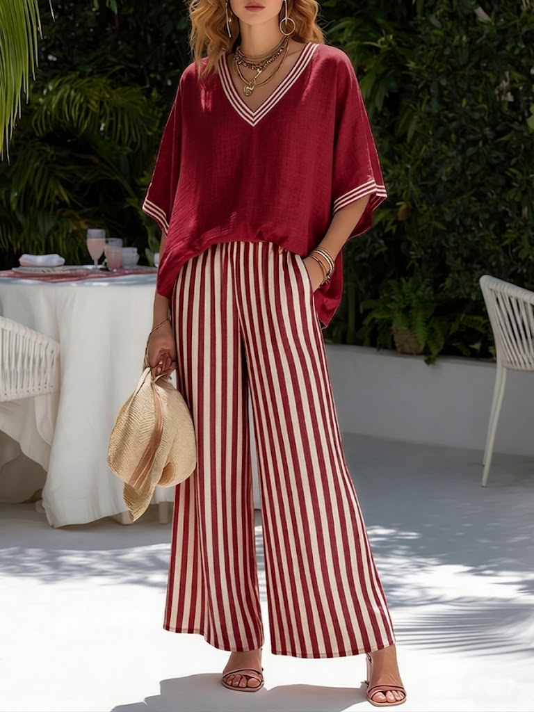 Striped Contrast Trim V Neck Batwing Top and Wide Leg Pant Summer Set