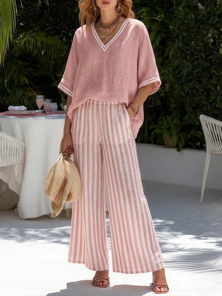Striped Contrast Trim V Neck Batwing Top and Wide Leg Pant Summer Set