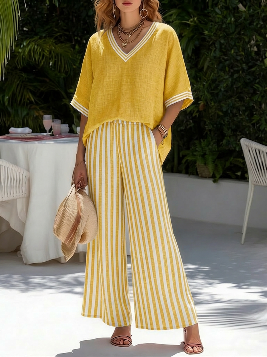 Striped Contrast Trim V Neck Batwing Top and Wide Leg Pant Summer Set