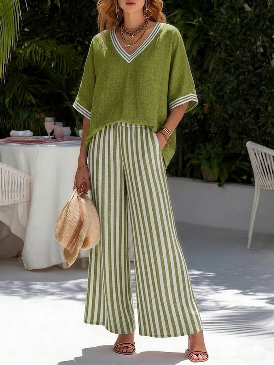Striped Contrast Trim V Neck Batwing Top and Wide Leg Pant Summer Set
