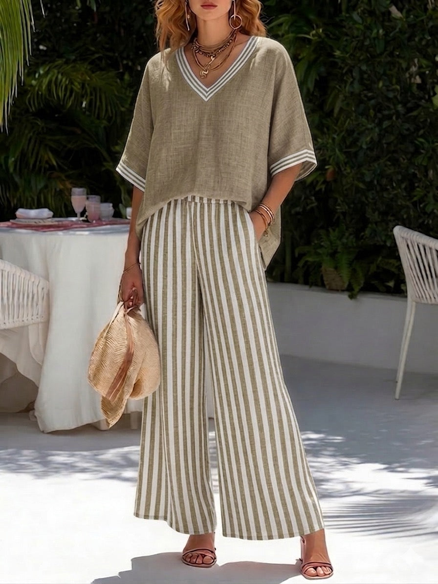 Striped Contrast Trim V Neck Batwing Top and Wide Leg Pant Summer Set