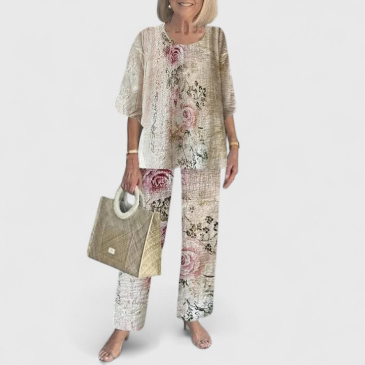 Floral Print Wide Leg Trouser Layered Chiffon Top Two Piece Set