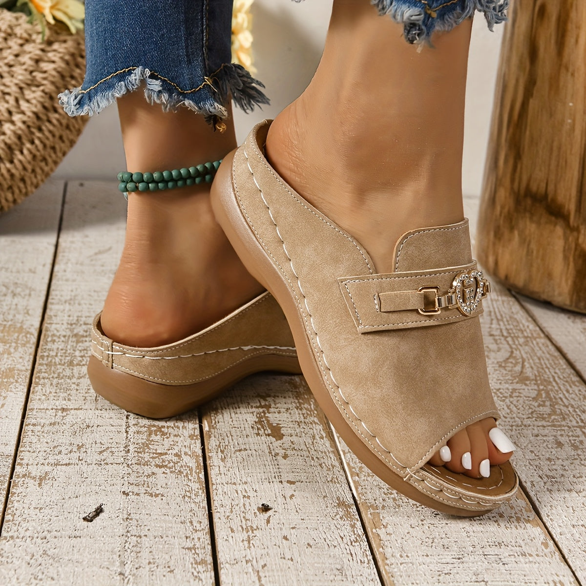 Rhinestone Heart Buckle Suede Open Toe Flat Slide Sandal
